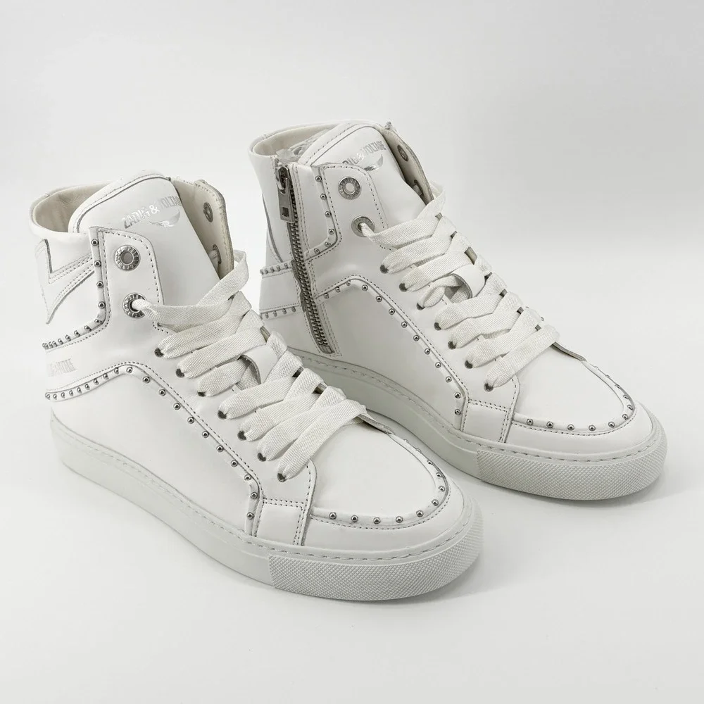 Zadig & Voltaire Womens ZV1747 Flash High Top Sneakers White Leather Studded NEW